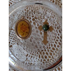 Vintage Gold Tone Charm Lot Green Glass Cabochon Cross Resin Rose Cameo Pendant